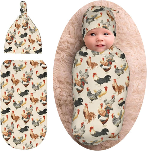 WELBB Rooster Chickens Baby Girl Boy Gifts Newborn Swaddle Blanket with Beanie Set,Stretchy