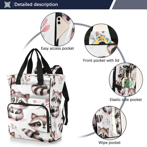 YANENDIE Backpack, Backpack Backpack Kawaii Raccoon Pattern Diaper Bag Unisex Travel Baby Diaper Bags with Stroller