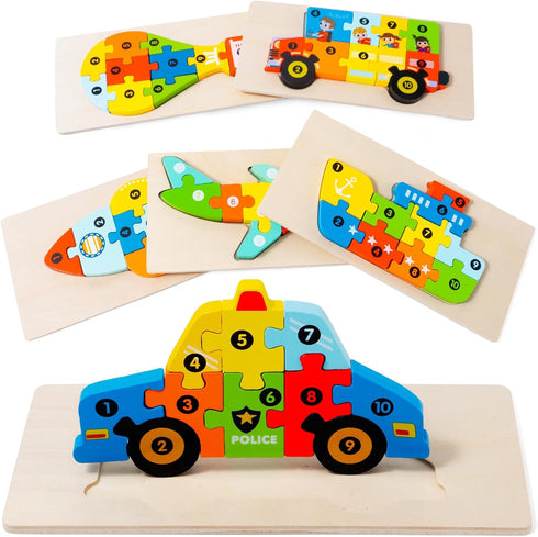 6 Pack Wooden Vehicle Toddler Puzzles for Kids Ages 2-6, Montessori Toys for Learning Jigsaw
