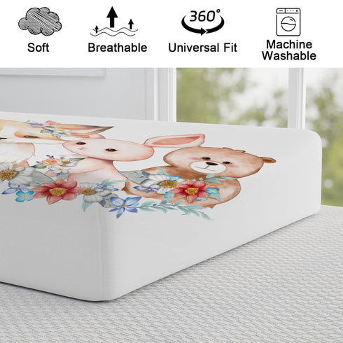 Cute Woodland Animals Spring Floral Changing Pad Cover, Bear Raccoon Hedgehog Rabbit Sheets for Boys Girls, 32"x16"