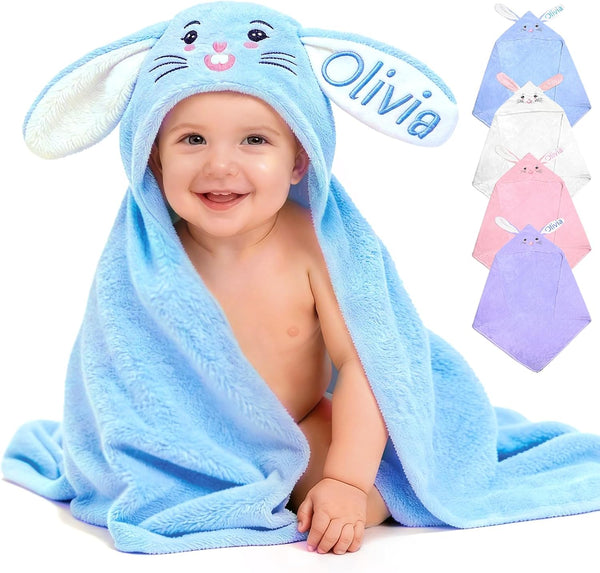 Individz Custom Hooded Bath Towel with Name, Personalized Highly Absorbent Bunny Towels, Baby