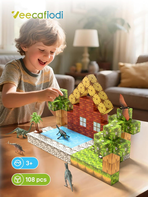 108PCS, 6 3-5, 4-8, Veecafiodi Magnetic Blocks Dinosaur Magnetic Building Blocks with Dinosaur Figures, Magnetic Blocks