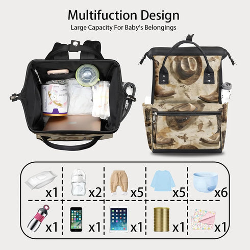 Hsnar Backpack Cowboy Boots Hat Waterproof Diaper Bag Large Capacity Baby Bag with Stroller Straps, Multi-Pocket Diaper