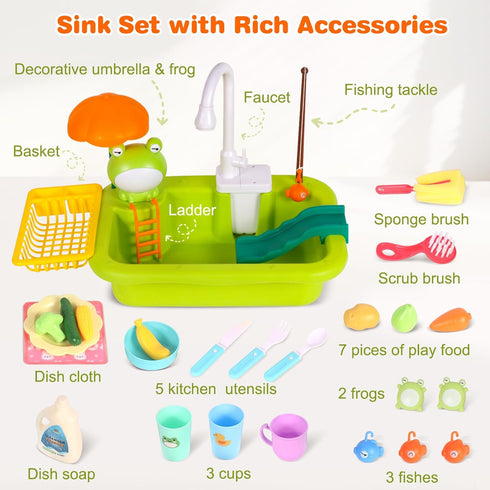 BHYDRY Play Sink with Running Water, Kitchen Sink Toy with Functional Faucet, Play Food and Kitchen Accessories