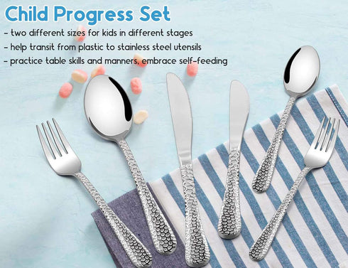 12 Piece Kids Utensils Silverware Set, E-far Stainless Steel Hammered Toddler Cutlery, Dishwasher Safe