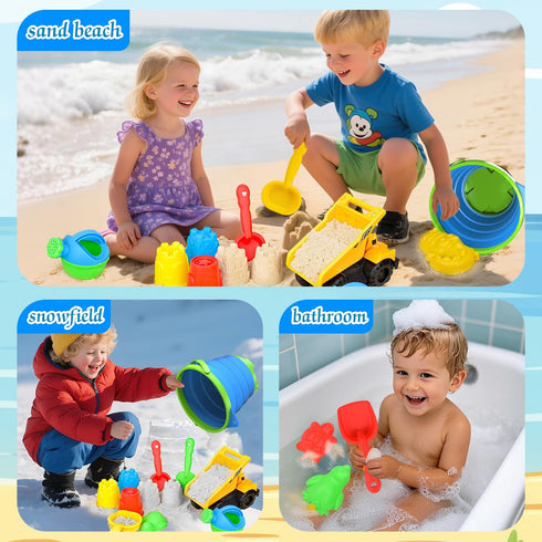 Fegalop 14Pcs Sets, Set Bag,Summer Beach Toys, Sand Toys with Construction Vehicle and Collapsible Beach Bucket, Animal