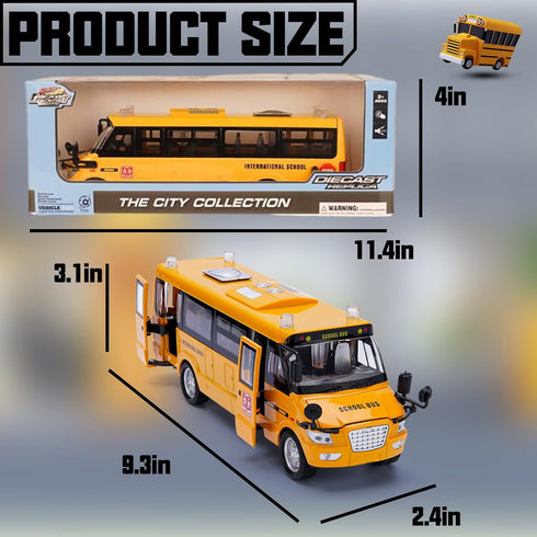 Die Cast School Bus Toy 9'' Model Cars with Lights & Sounds, Openable Doors, Large Yellow Metal Vehicle for Kids
