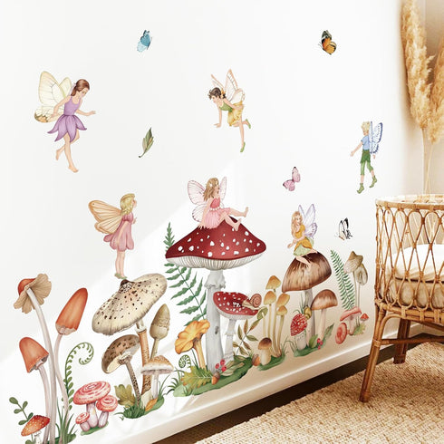 wondever Woodland Mushroom Wall Decals Fairy Butterfly Forest Peel and Stick Wall Art Stickers for Girls Bedroom Baby