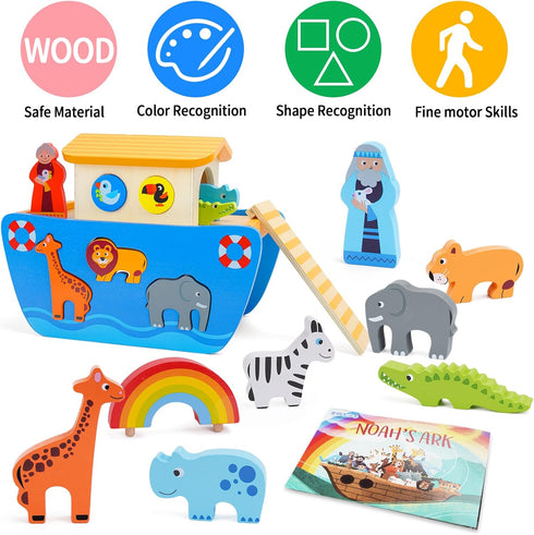 Playset, 1 2 3 12 18 24 KMTJT Toddlers Wooden Noah's Ark Toy Animal Baptism Gifts for Boys Girls, Shape Sorter Early