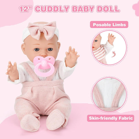 12'' Playset 11PCS Set Dreamon Baby Doll with Carrier Bassinet Bed, Baby Doll Accessories Includes Pacifier, Blanket