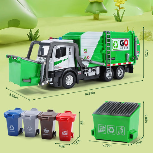12'' Set 4 HOLYFUN Electric Garbage Truck with Front Loader/Metal Cab, Friction-Powered Recycling Vehicle