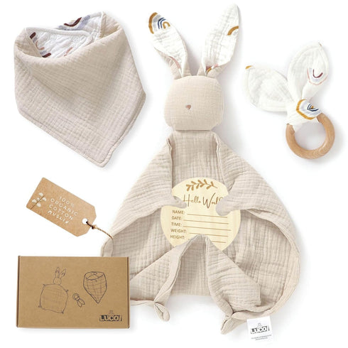 Organic Cotton Baby Gift Set 4 Piece Muslin Bunny Lovey Blanket +