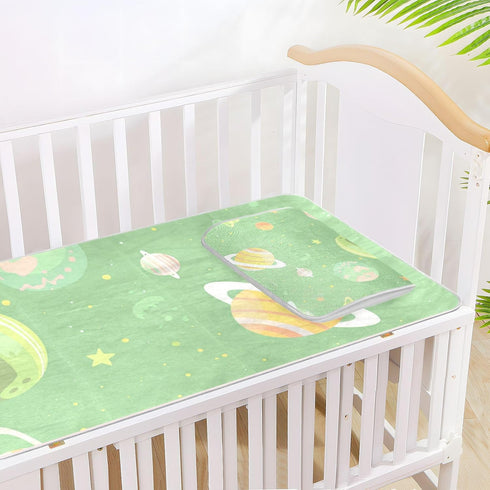 SyXIOP 28" 52" Cartoon Illustration Space Soft Green Cooling Baby Crib Mattress Protector x Washable Pads Washable