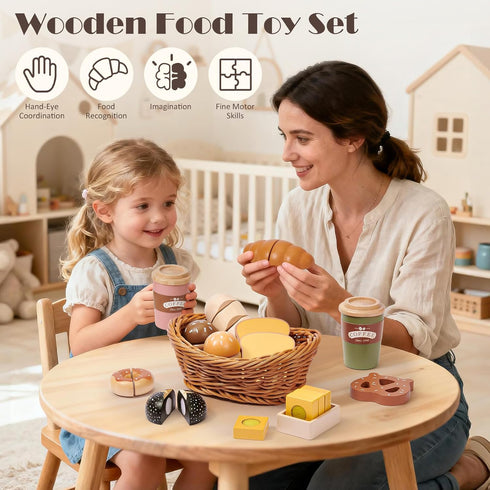 Sets 3-5 3 4 5 6 Toyssa Wooden Play Food for Kids Kitchen, Bakery Pretend Play Toy Food for Toddlers with Cutting Bread