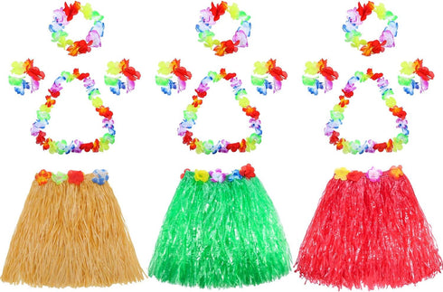 Gejoy 3 Set Grass Skirts for Kids Girls with Flower Leis for Luau Party Costume Set