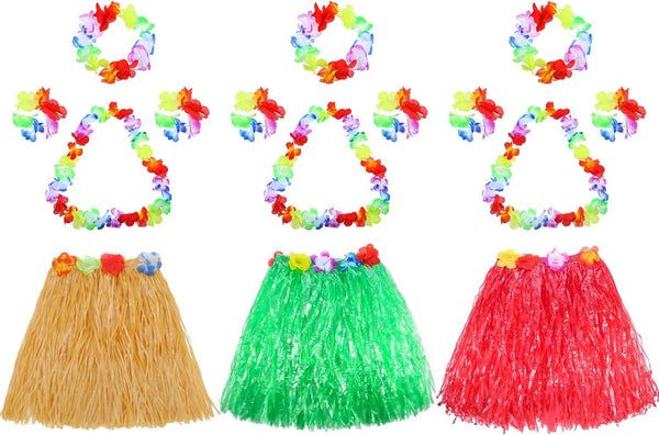 Gejoy 3 Set Grass Skirts for Kids Girls with Flower Leis for Luau Party Costume Set
