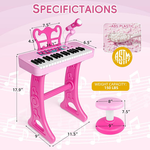 Amy&Benton 37 Keys Piano Toy for Girls 3-7, Birthday Gift with Stood, Pink Music Keyboard