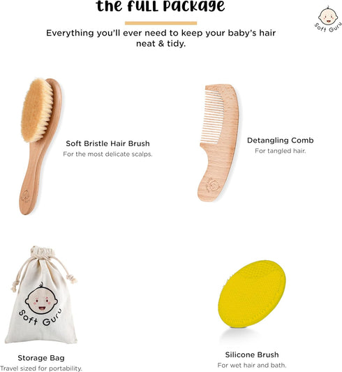 Baby Hair Brush and Comb Set with Premium Wooden Finish. Gentle Bristles for Cradle Cap. Great Baby Registry or Shower Gift. Perfect for Toddlers, Newborns & Infants.
