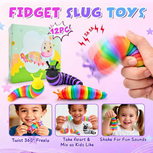 12PCS 3+ Cevioce Easter Basket Stuffers for Kids Slug Fidget Toys Bulk, Easter Gifts for Boy Girl Toddler Sensory