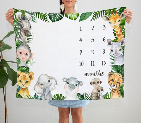 Safari Milestone Blanket, Jungle Animals Baby Growth Chart, Watch Me Grow, 50"x40" for New Moms Baby Shower