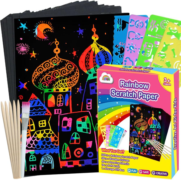 ZMLM Scratch Paper Art Set, 60 Pcs Rainbow Magic Scratch Paper for Kids with 5 Wooden Stylus for Halloween Party Game