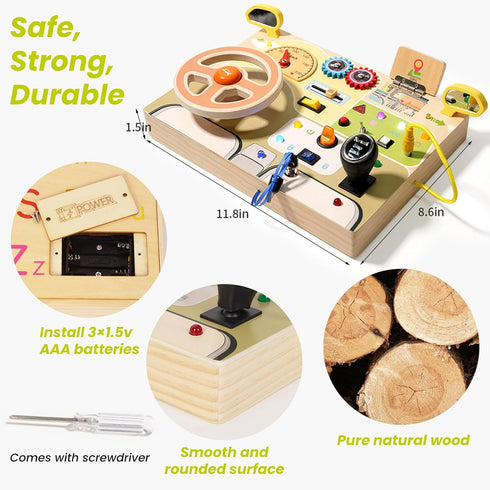 3+ Montessori Busy Board for Toddlers Baby Busy Board Car Steering Wheel Wooden Sensory Board Travel Toys for Fine