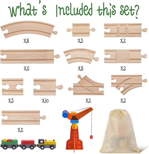 KiToyWod Set 62pcs, Pack 3-10 (62 Wooden Train Track Wood Railway Systems Accessories Expansion with Train + Crane