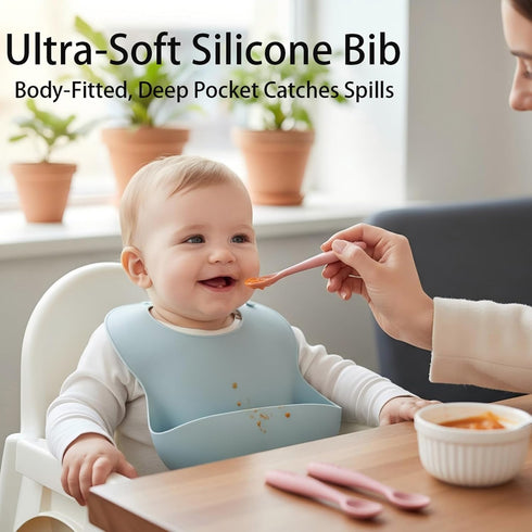 2 Silicone Baby Bibs pcs with Silicone Baby Spoons Self Feeding Waterproof, Soft