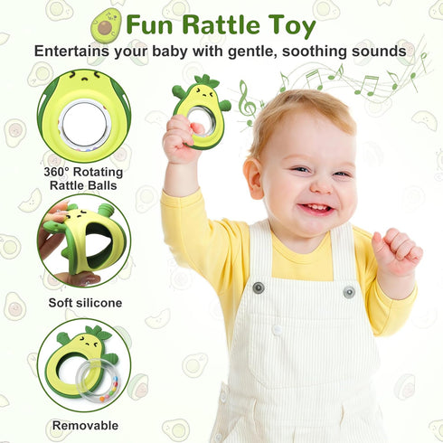 0-3-6-12 MISSLILI Teething Toy for Babies, Silicone Avocado Shape with Rattle Teether for Infants Months, Sensory Chew