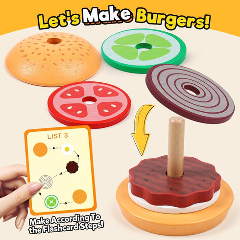 Wooden Burger Sorting Stacking Toys, Hamburger Toy for Toddlers, Educational Montessori Fine Motor Toys
