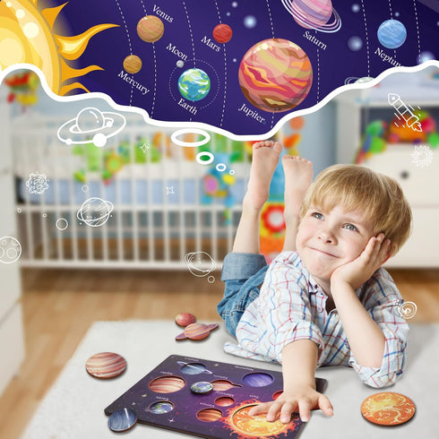 Upgrated Solar System Puzzle for Kids 3-6 - Wooden Space Toys for Preschool Learning Activities, Gift