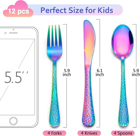LIANYU 12-Piece Rainbow Kids Silverware Set, Stainless Steel Toddler Utensils, Dishwasher Safe