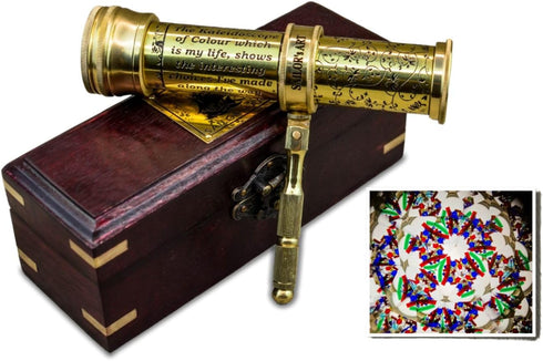 Polished Brass Kaleidoscope with Handheld Stick & Wooden Box, Vintage Educational Collection, 5.5 Inch Antique Gift