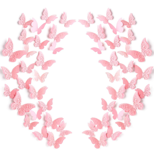 Outus 120 Pieces Pink 3D Layered Butterfly Wall Decor, Removable Stickers for Birthday Cake Decorations Crafts