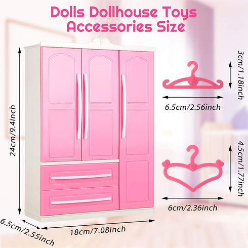 Doll Closet Furniture Wardrobe Clothing Organizer Doll Open Wardrobe Dollhouse Closet with 20 Pieces Doll Hangers 2 Style Pink Plastic Hangers Dollhouse Furniture Accessories (Classic Style)