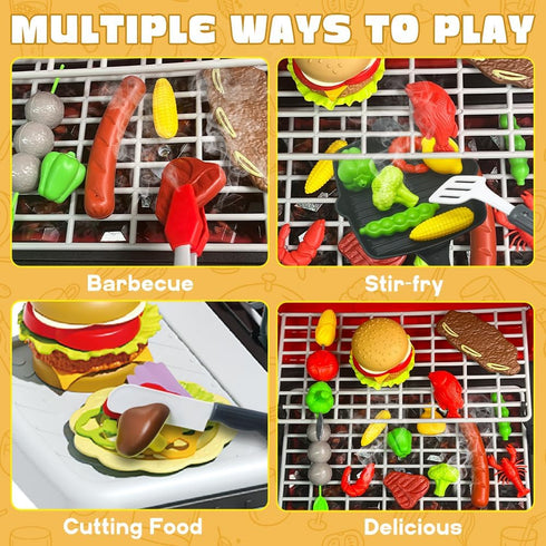 Playset, 3-5, 2-Layer Kids Grill BBQ Toy Grill with Smoke Sound Light and Wheel, Movable Pretend Play Kitchen Toys