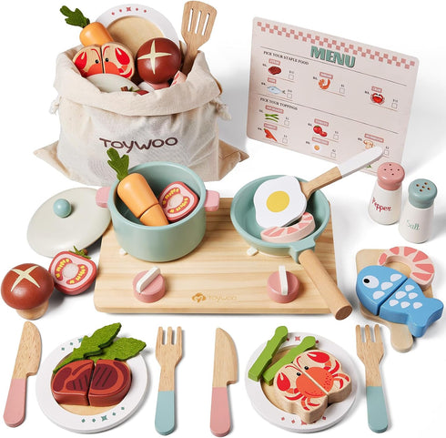 Toywoo Wooden Play Kitchen Accessories Pretend Toy Pots and Pans Sets for Kids
