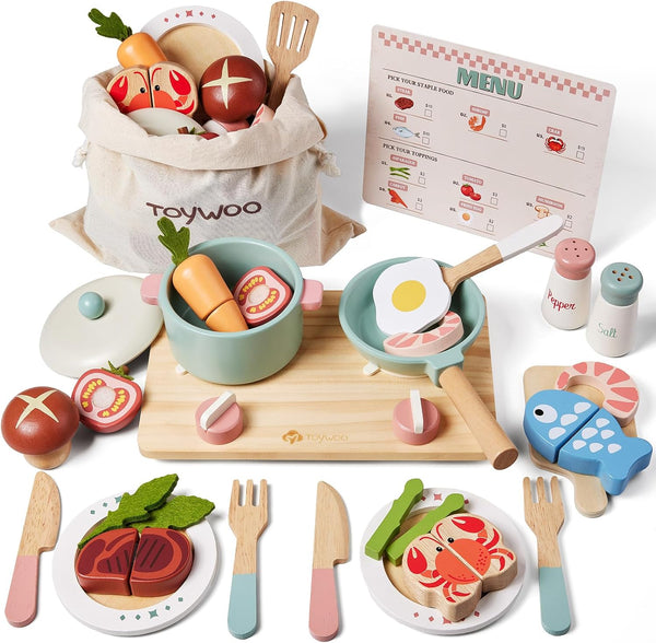 Toywoo Wooden Play Kitchen Accessories Pretend Toy Pots and Pans Sets for Kids
