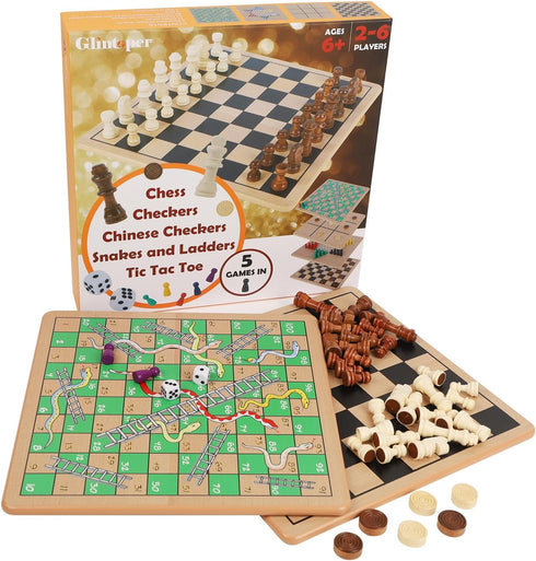 5-in-1 2 Glintoper Wooden Board Game with Reversible Boards for Chess, Checkers, Chinese Checkers, Snakes and Ladders