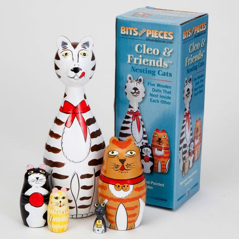 Bits and Pieces Hand Painted Wooden Nesting Dolls - "Cleo & Friends" Matryoshka Set of 5 Dolls, 7" Tall with Gift Box