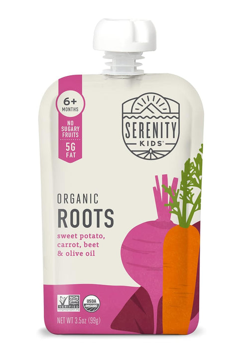 Serenity Kids 6+ Months Organic Veggie Puree Baby Food Pouches, No Added Sugar, 3.5 Ounce BPA-Free, Roots, 6 Count