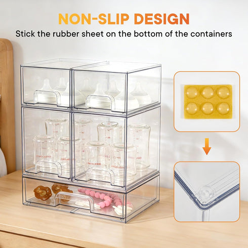 5 Pack Countertop MINMUNJIU Baby Bottle Organizer, Clear Space-Saving Stackable Drawer with Handle, Baby Bottle Storage