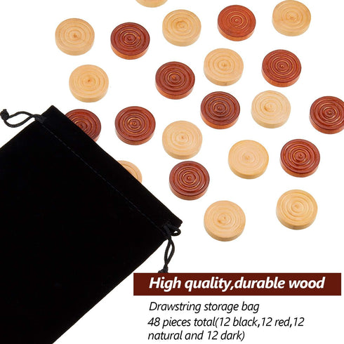 48 Pieces Wooden Checkers, 1.06 Inch Stackable Ridge Pieces with Drawstring Storage Pouch, Red Black Dark Brown