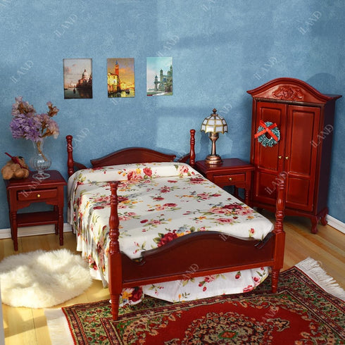 iLAND Wooden Dollhouse Furniture, 1/12 Scale Bedroom Set in Mahogany Color, 6pcs