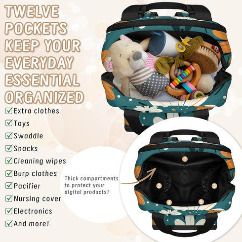 Shoblo Backpack Retro Daisy Flowers Diaper Bag for Travel, Waterproof Diaper Bag with Insulated Bottle Pockets & USB