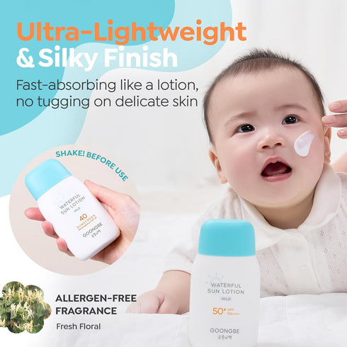 40 2.82 fl.oz. GOONGBE Waterful Sun Lotion Mild SPF - Zinc Oxide Water Resistant Mineral Sunscreen for Babies, Kids