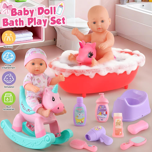 Set 11" Chair,Swimming 2 Sets 15 3 4 5 6. Baby Doll Bath Toys with Bathtub, Baby Dolls, Rocking Ring, Baby Dolls