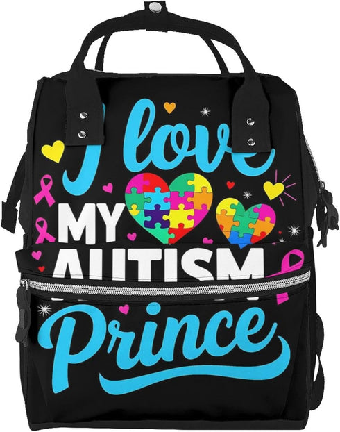 Qewfoju I Love My Autism Print Diaper Bag Backpack Large Capacity Diaper Backpack