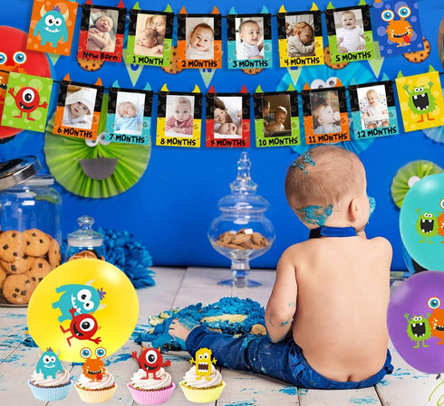 Monster 1st Birthday Decorations Kit - Photo Banner, Balloons, Cupcake Toppers for Little Monster Party Supplies