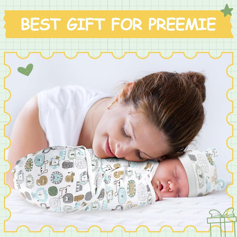 VitalCozy 2 Pack 3-7 Lbs Preemie Baby Swaddle Blanket Wrap with Hat Preemie Hat Newborn Receiving Blanket Wrap for Boy